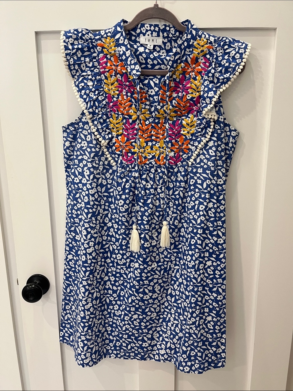 THML Blue Floral Dress with Bright Embroidered Bib
